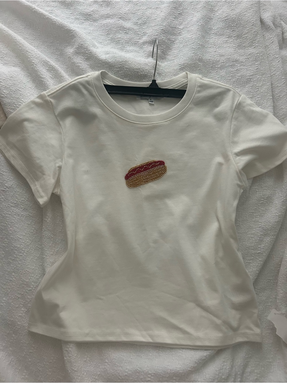 Cream Short-Sleeve Tee with Beaded Hot Dog Motif